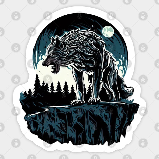 Majestic Wolf Under Moonlight Sticker by Mas Design